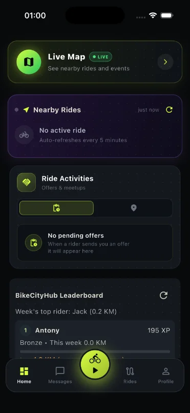 BikeCityHub app — live map and nearby riders